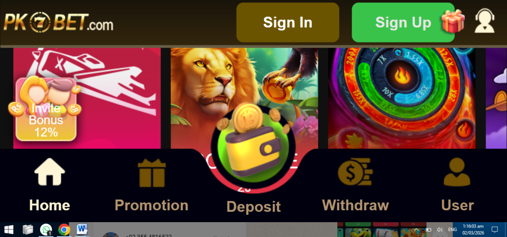 pk7bet game home screen
